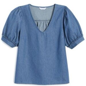 NWT Draper James 100% Cotton Chambray V Neck Puff Sleeve Blouse